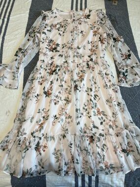 Calvin Klein Floral Long Sleeve Ruffle Hem Dress - Blush & Green size 10
